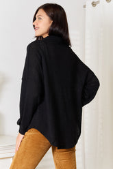 Double Take Waffle-Knit Collared Neck Dropped Shoulder Shirt OutfitFlow